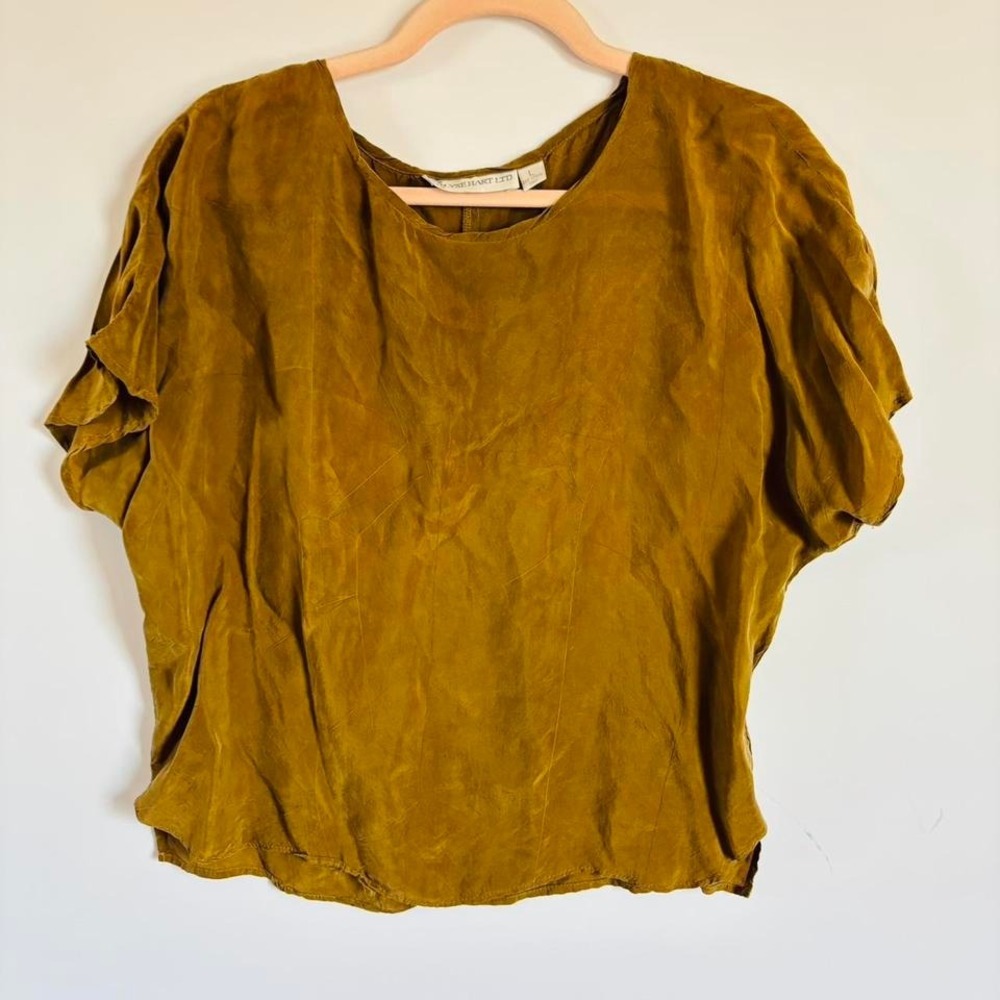 Lyse Hart Ltd. 90s Green olive‎ silky blouse tee Size L #silkblouse #90s